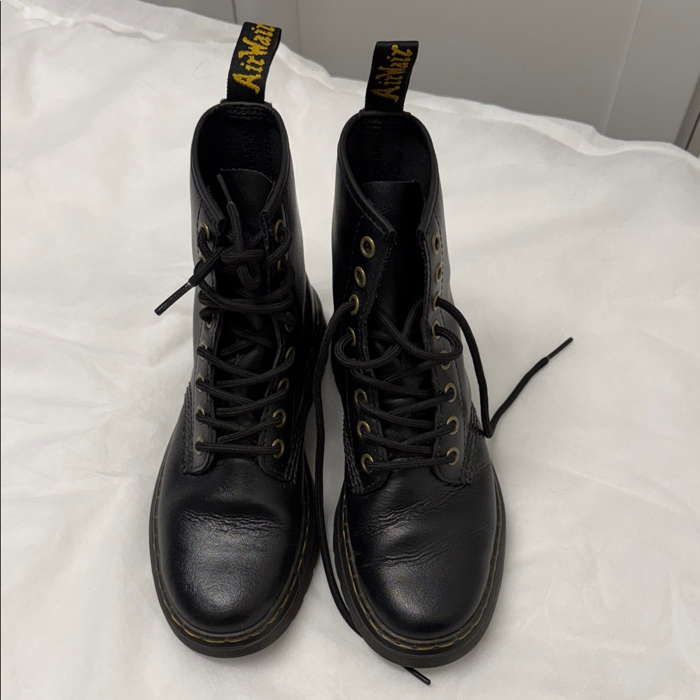 Dr. Martens Black Leather 8-Eye Combat Boots with Yellow Stitching